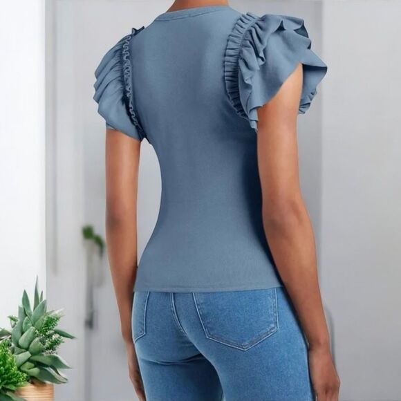 Tankaneo Tiktok Blue Ruffle Sleeve Ribbed Slim Fit Shirt Top Women's Small - Picture 2 of 6